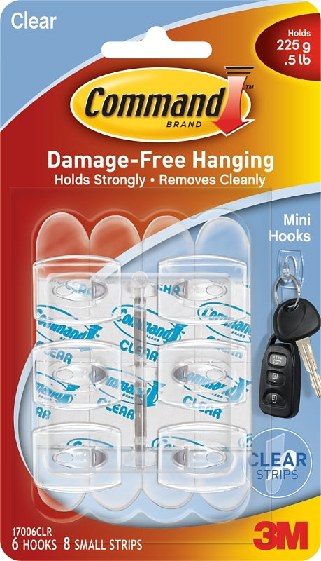 Command Adhesive Hook, 0.5 lb, 6 -Hook, Plastic, Transparent