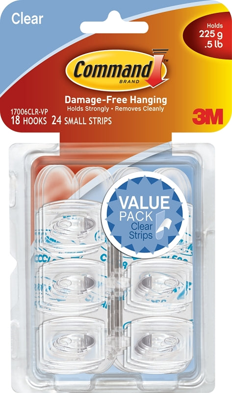 Command 17006CLR-VP Adhesive Hook, 0.5 lb, 18 -Hook, Plastic, Clear