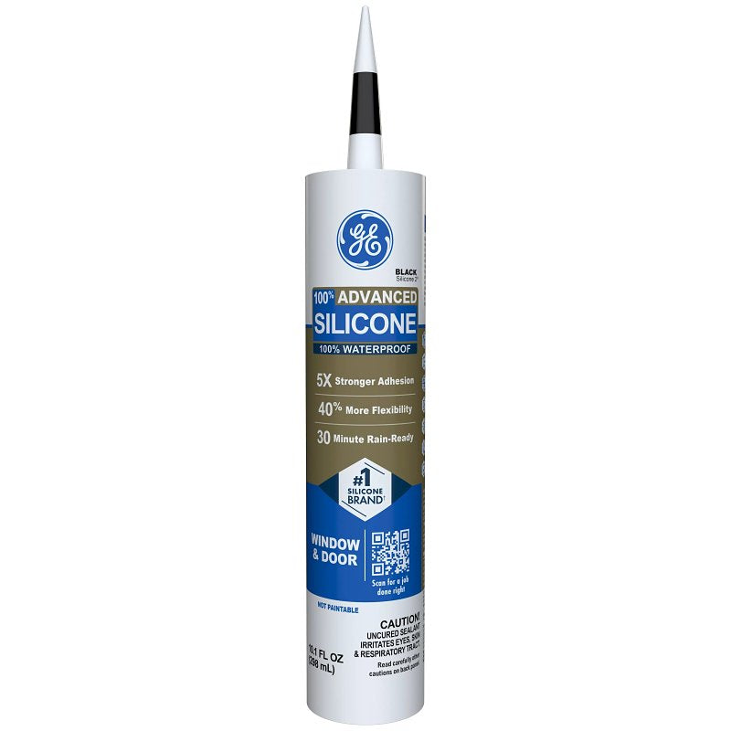 GE Advanced Silicone 2 Window & Door Sealant, Black, 24 hr Curing, 10.1 fl-oz Cartridge