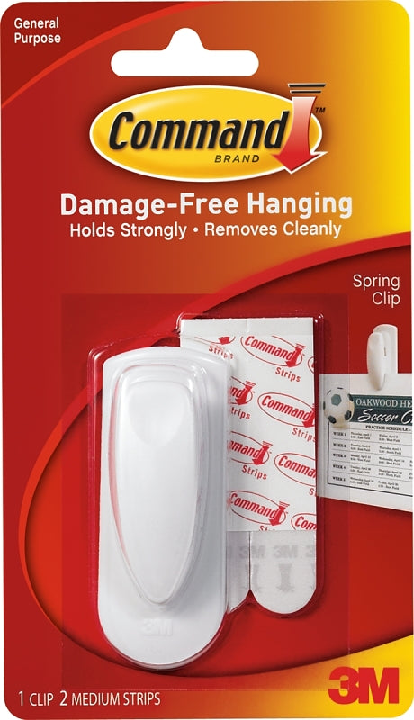 Command 17005 Spring Clip, 5/8 in Opening, 8 oz, 1 -Hook, Plastic, White
