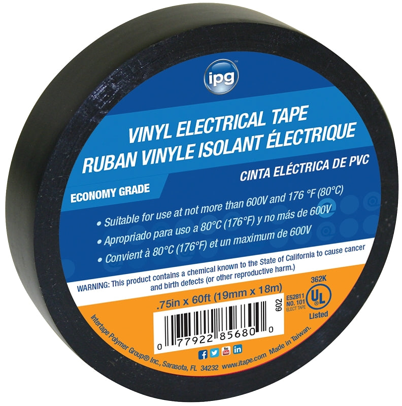 IPG Electrical Tape, 60 ft L, 3/4 in W, PVC Backing, Black