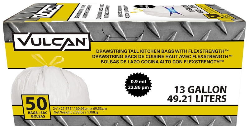 Vulcan Kitchen Trash Bag, 13 gal, White