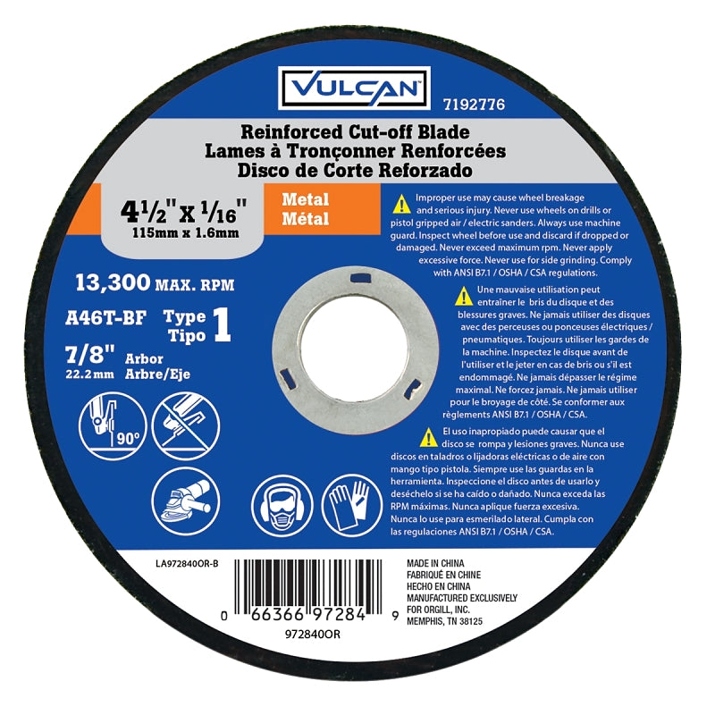 Vulcan Type 1 Cut-Off Wheel, 4-1/2 in Dia, 1/16 in Thick, 7/8 in Arbor, Premium, Aluminum Oxide Abrasive