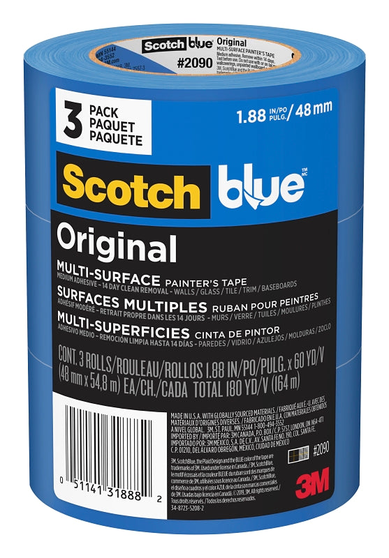 ScotchBlue 2090-48EVP Painter's Tape, Original Multi-Surface, 60 yd L, 1.88 in W, Crepe Paper Backing, Blue, 3/PK