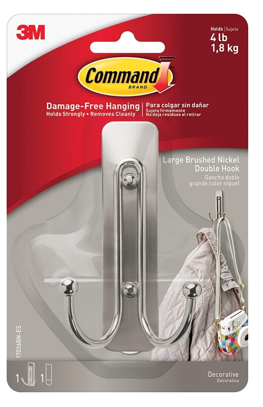 Command Large Double Hook, 4 lb, 1 -Hook, Metal/Plastic, Gray, Brushed Nickel