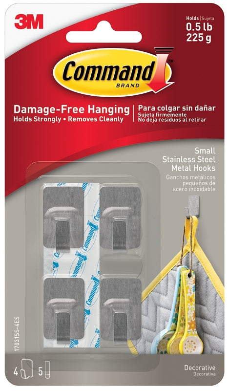 Command 17031SS-4ES Small Hook, 0.5 lb, 4 -Hook, Metal, Gray, Stainless Steel