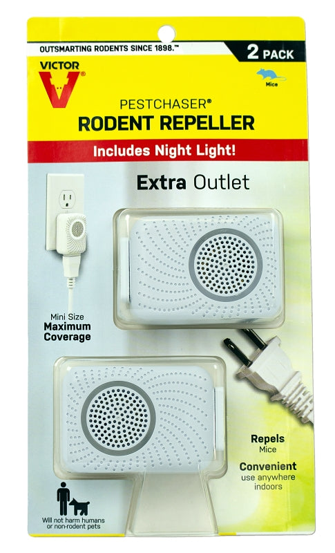 Victor M752PS Rodent Repellent, Plug-In, 400 sq-ft Coverage, 1.69 in L, 1-3/4 in W, 2.63 in H, Repels: Mice, Rats, 2/PK
