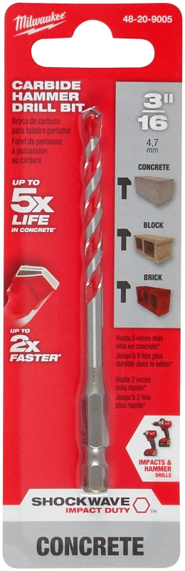 Milwaukee SHOCKWAVE 48-20-9005 Drill Bit, 3/16 in Dia, 4 in OAL, Wide Flute, 1/4 in Dia Shank, Hex Shank