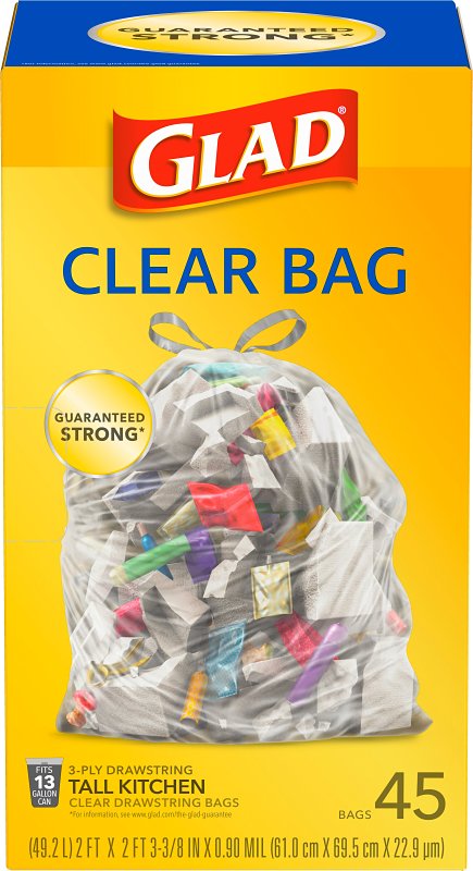 Glad 22337 Trash Bag, 13 gal, Plastic, Clear