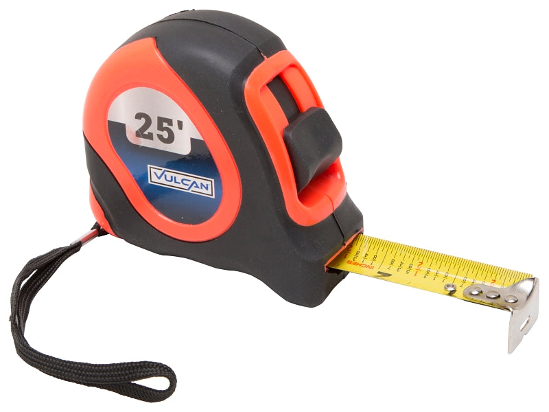 Vulcan Tape Measure, 25 ft L Blade, 1 in W Blade, Steel Blade, ABS Plastic Case, Orange Case