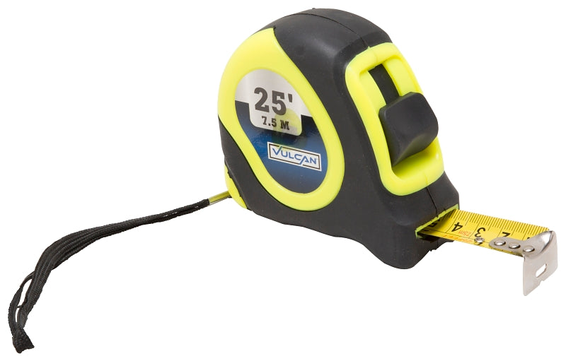 Vulcan Tape Measure, 25 ft L Blade, 1 in W Blade, Steel Blade, ABS Plastic Case, Lime Case