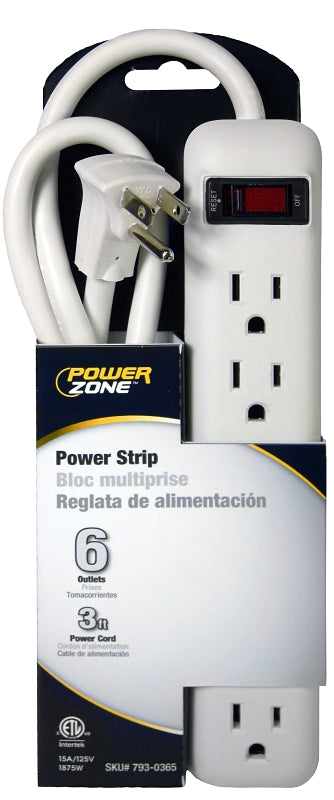 PowerZone Power Outlet Strip, Straight Plug, 6-Socket, 15 A, 125 V