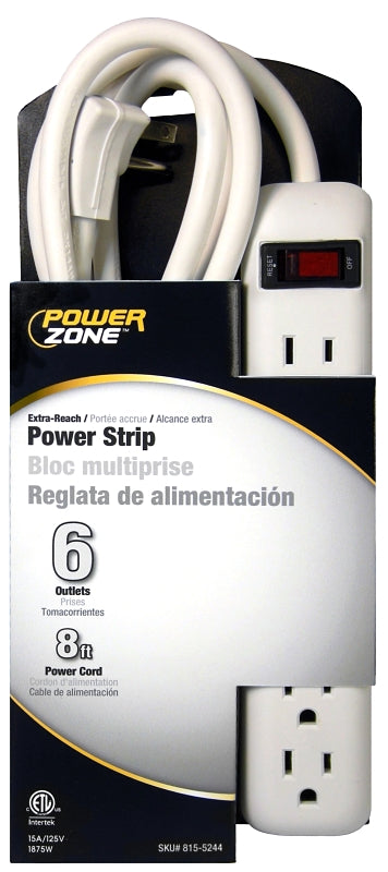 PowerZone Power Outlet Strip, Right Angle Plug, 6-Socket, 15 A, 125 V