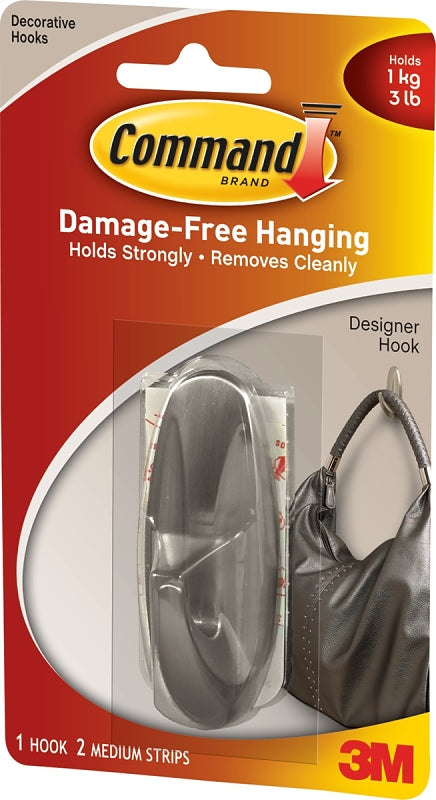 Command 17081-BN Designer Hook, 3 lb, 1 -Hook, Plastic, Brushed Nickel