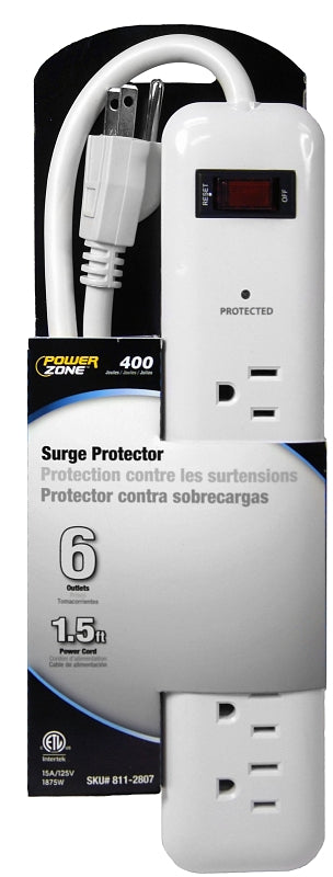 PowerZone Surge Protector Power Strip, 125 V, 15 A, 6-Outlet, 400 J Energy, White