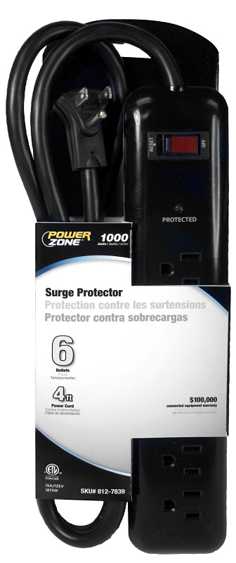 PowerZone Surge Protector Tap Strip, 125 V, 15 A, 6-Outlet, 1000 J Energy, Black