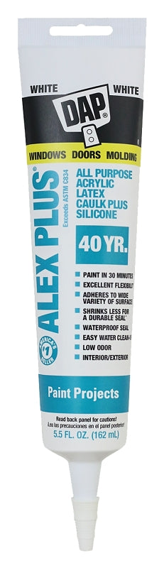 DAP Caulk, White, -20 to 180 deg F, 5.5 fl-oz Tube