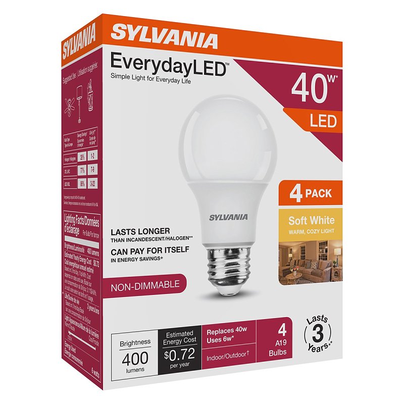 Sylvania LED Bulb, A19 Lamp, E26 Medium Lamp Base, No, Warm White, Soft White, 2700 K Color Temp