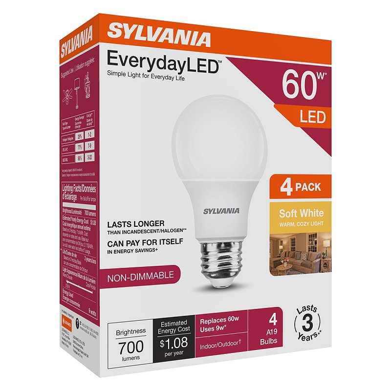 Sylvania LED Bulb, A19 Lamp, E26 Medium Lamp Base, No, Frosted, Soft White, 2700 K Color Temp