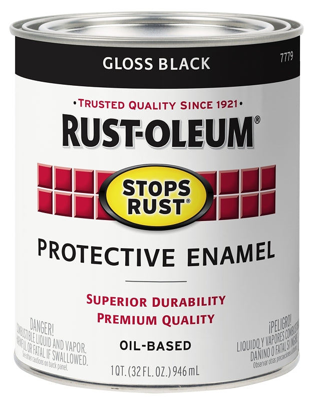 Stops Rust Enamel Paint, Oil Base, Gloss Sheen, Black, 1 qt, Can, 50 to 90 sq-ft/qt Coverage Area