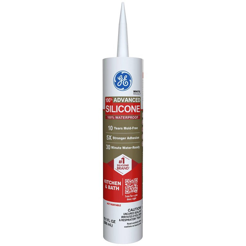 GE Advanced Silicone 2 Kitchen & Bath Sealant, White, 24 hr Curing, 10.1 fl-oz Cartridge