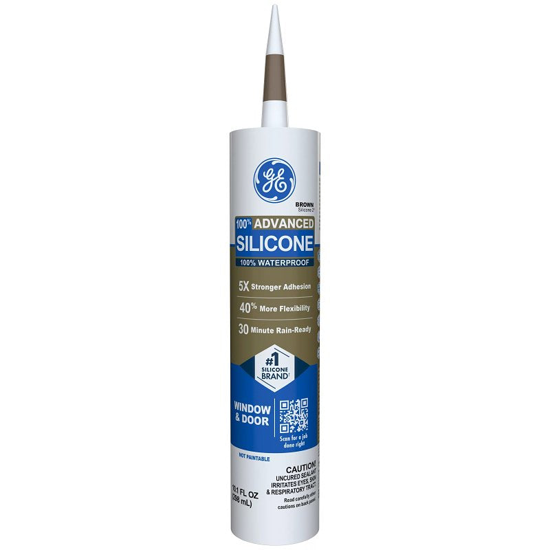 GE Advanced Silicone 2 Window & Door Sealant, Brown, 24 hr Curing, 10.1 fl-oz Cartridge