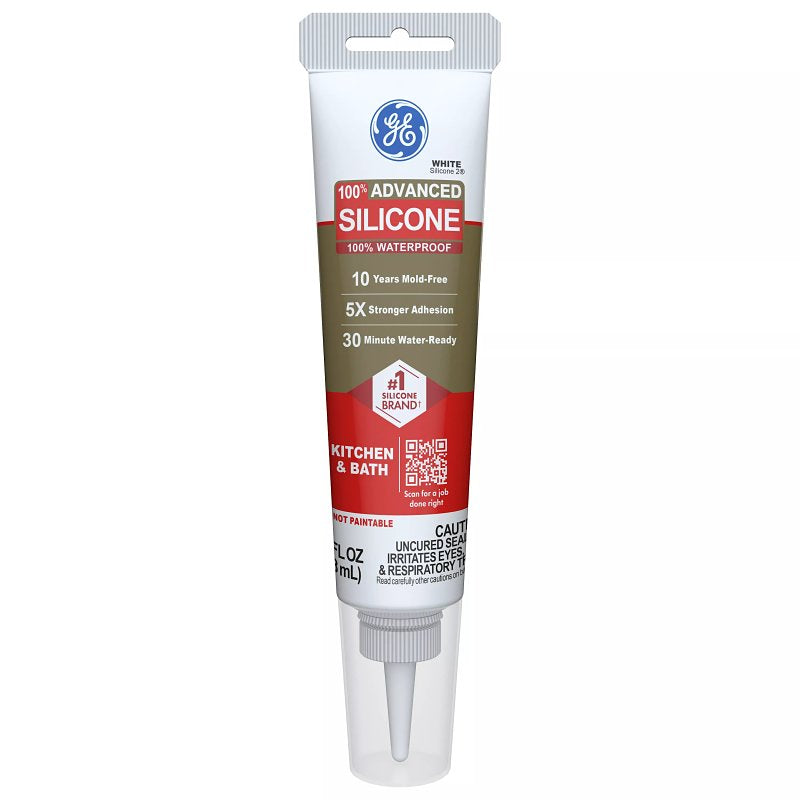 GE Advanced Silicone 2 Kitchen & Bath Sealant, White, 24 hr Curing, 2.8 fl-oz Squeeze Tube