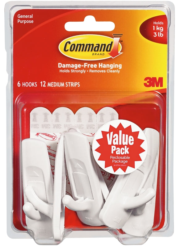 Command 17001-VP-6PK Utility Hook, 7/8 in Opening, 3 lb, 6 -Hook, Plastic, White