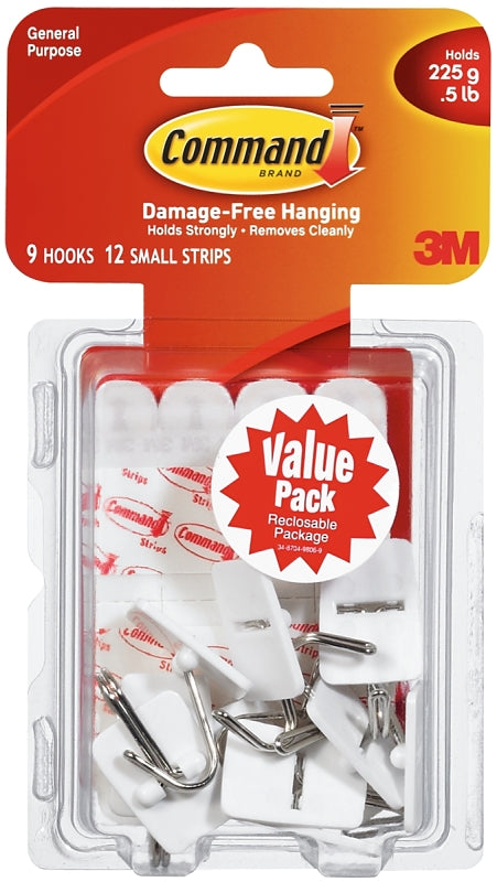 Command 17067-VP Wire Hook, 5/8 in Opening, 0.5 lb, 9 -Hook, Plastic, White