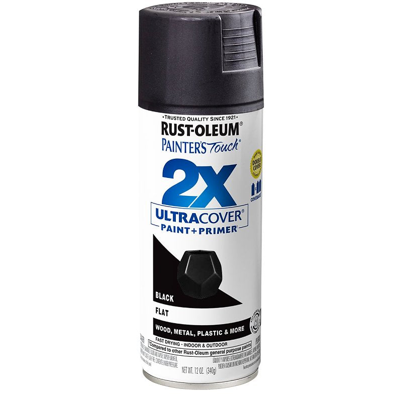 Rust-Oleum Painter's Touch 2X Ultra Cover Spray Paint, Flat, Black, 12 oz, Aerosol Can