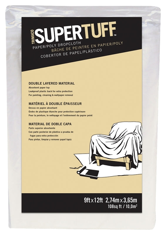Trimaco Drop Cloth, 12 ft L, 9 ft W, 1/16 in Thick, Paper, White