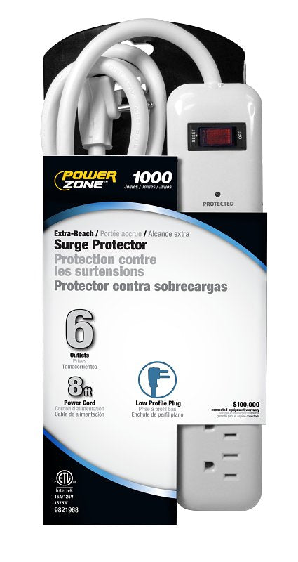PowerZone Surge Protector Power Strip, 125 V, 15 A, 6-Outlet, 1000 J Energy, White