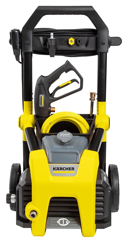 Karcher pressure washer spray gun, hose reel, and detergent tank detail