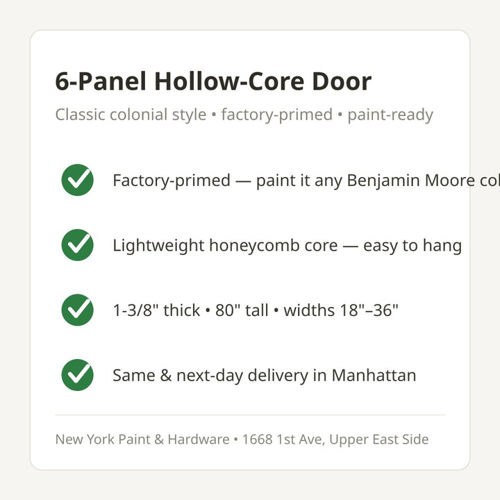 6-panel hollow-core interior door features - classic colonial style, primed, paint-ready