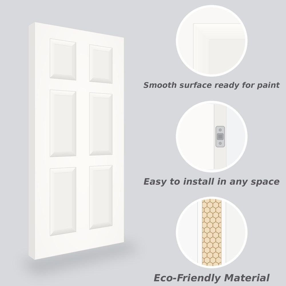 6-panel hollow-core interior door features — classic colonial style, primed and paint-ready
