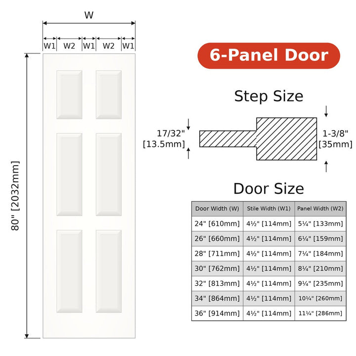 6-panel hollow-core interior door size chart, 24 to 36 inch widths x 80 inch