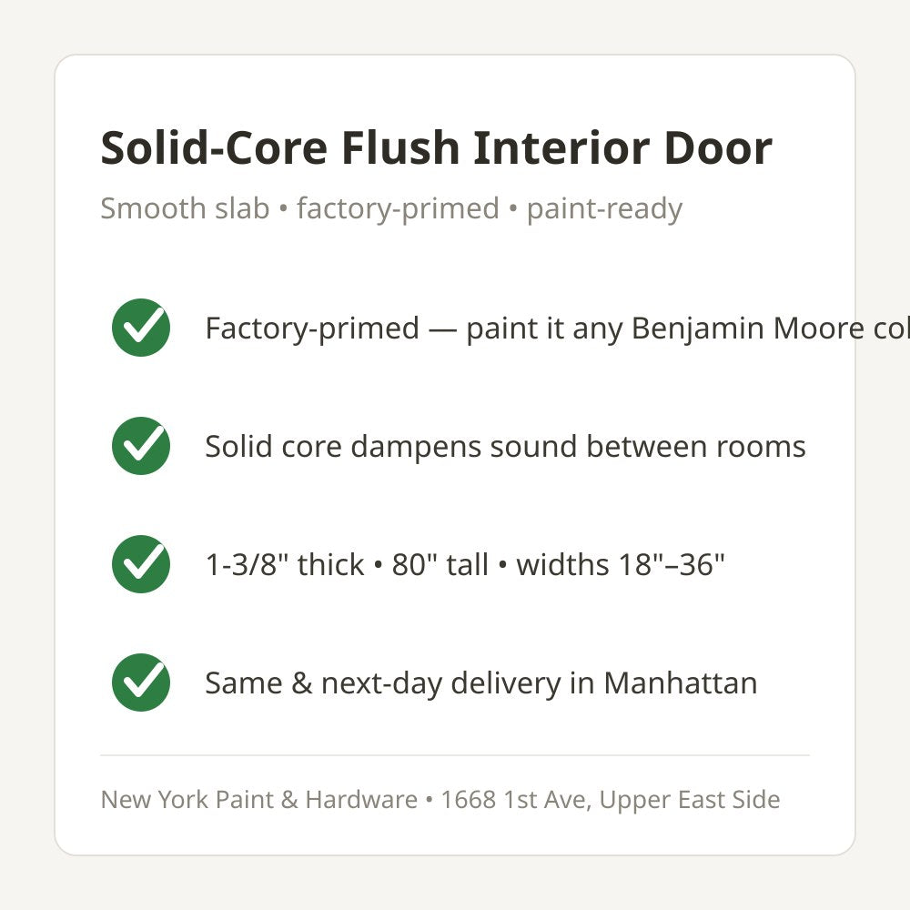 Solid-core flush interior door features - primed, sound-dampening, paint-ready