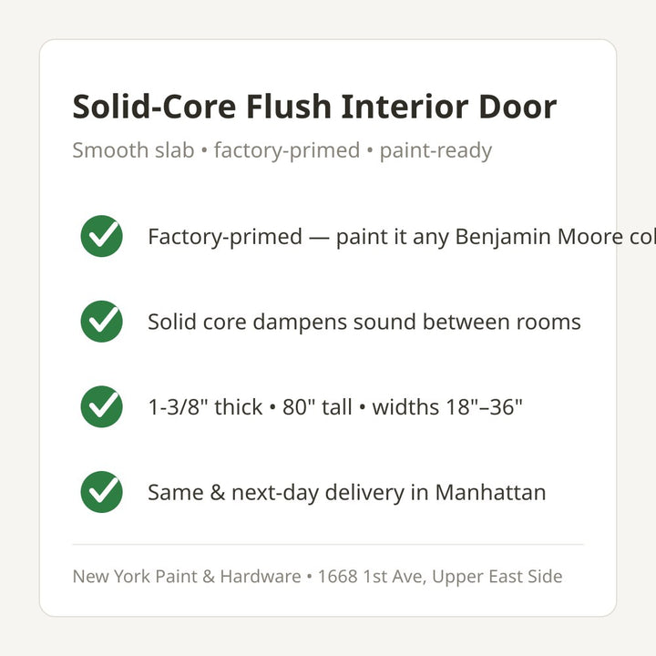 Solid-core flush interior door features - primed, sound-dampening, paint-ready