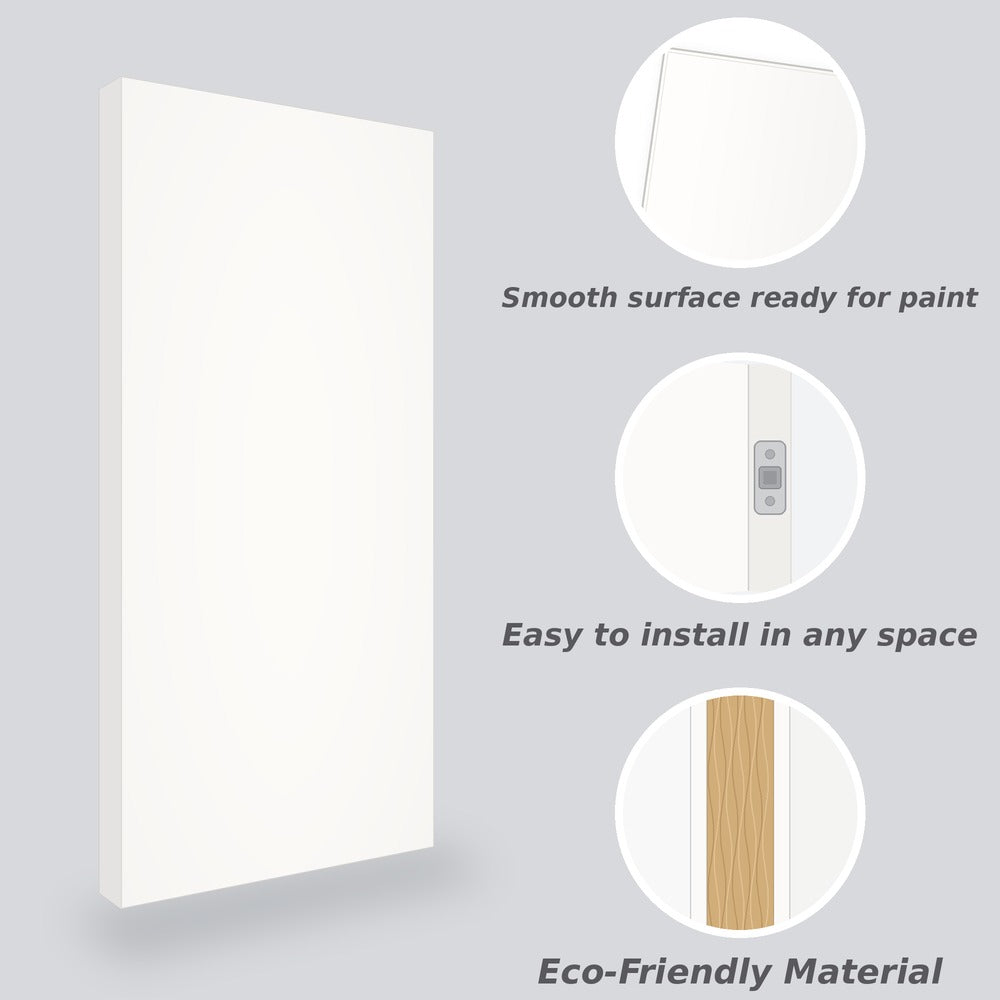 Solid-core flush interior door features — smooth, sound-dampening, primed and paint-ready