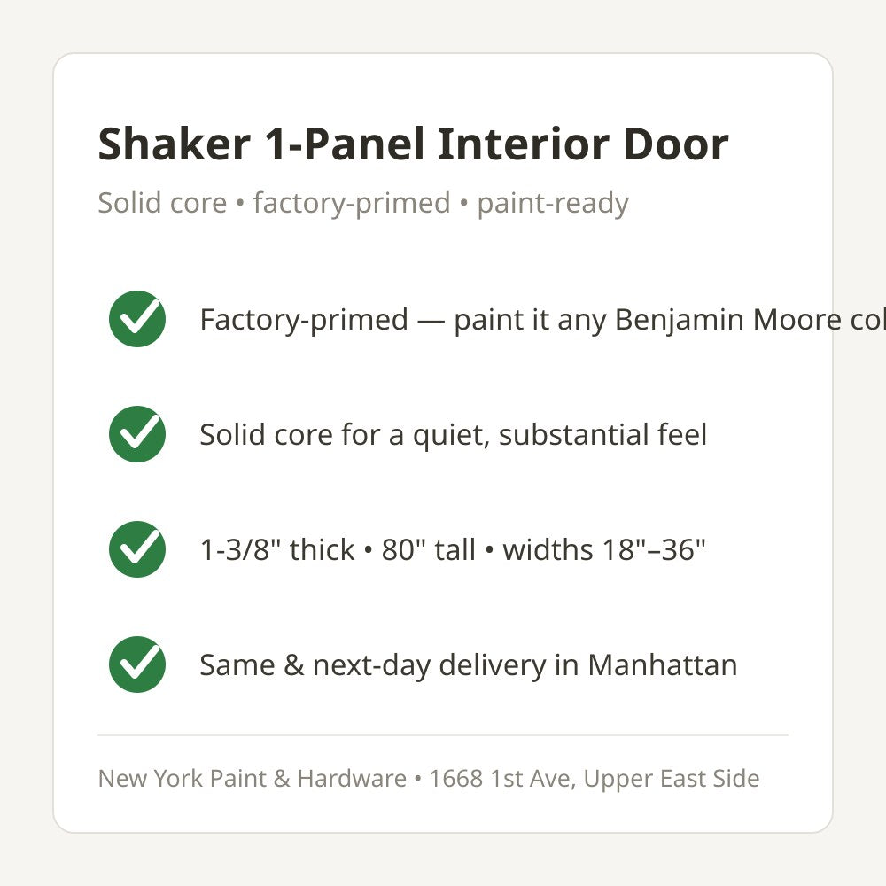Shaker interior door features - primed solid core, paint-ready, same-day delivery NYC