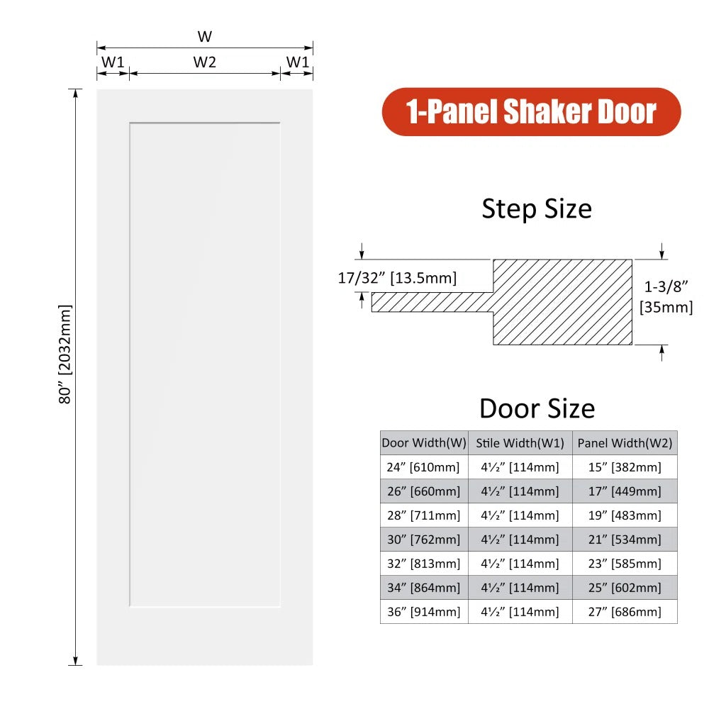 1-Panel Shaker interior door size chart — widths 24 to 36 inch x 80 inch, 1-3/8 inch thick