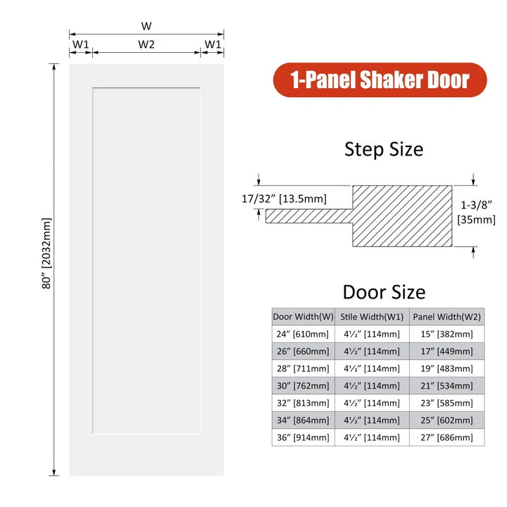 1-Panel Shaker interior door size chart — widths 24 to 36 inch x 80 inch, 1-3/8 inch thick